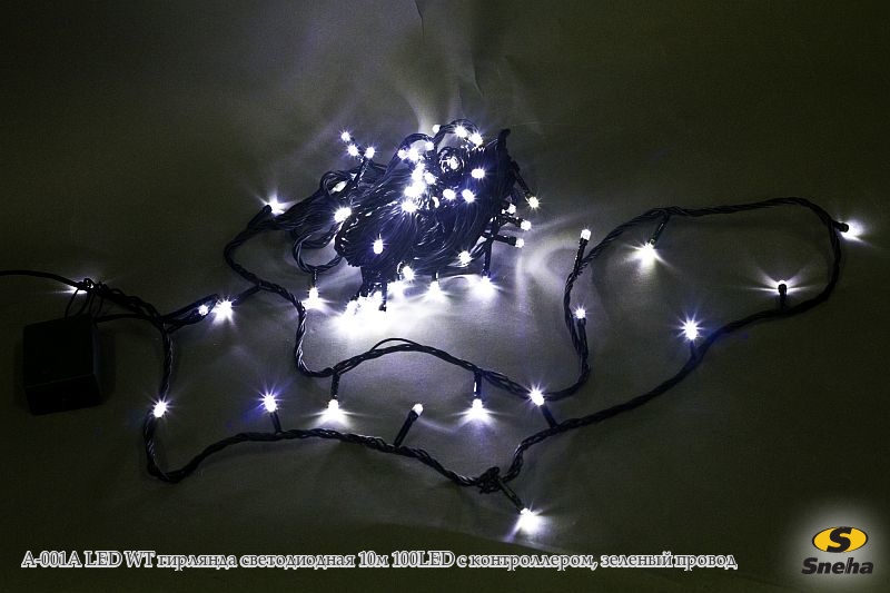 A-001A LED WT гирлянда светодиодная 10м 100LED с контроллером, зеленый провод Улыбка Света